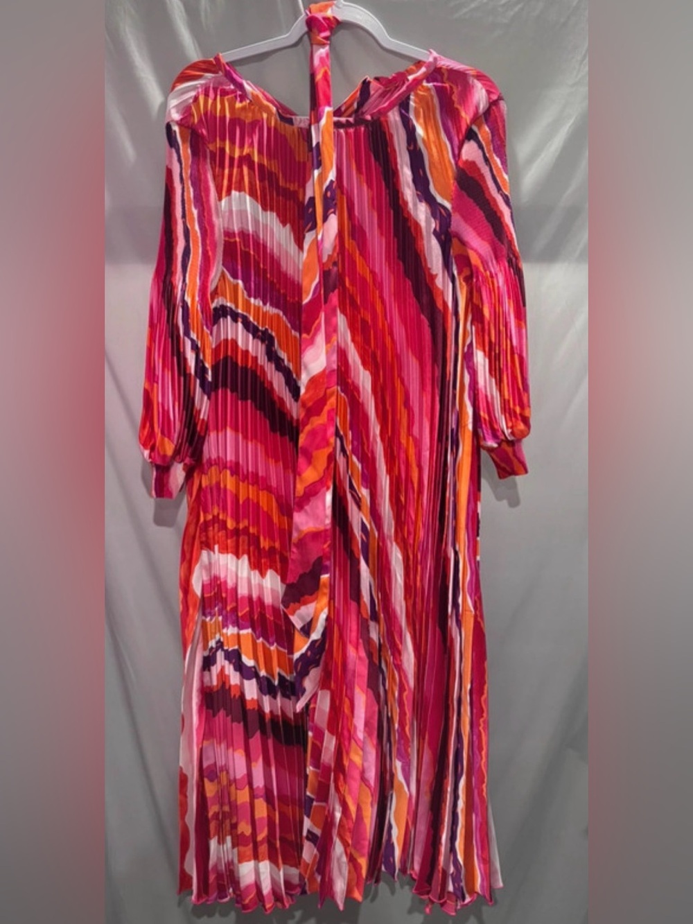Pink Multi-Stripe Pleated Long-Sleeve Midi Dress